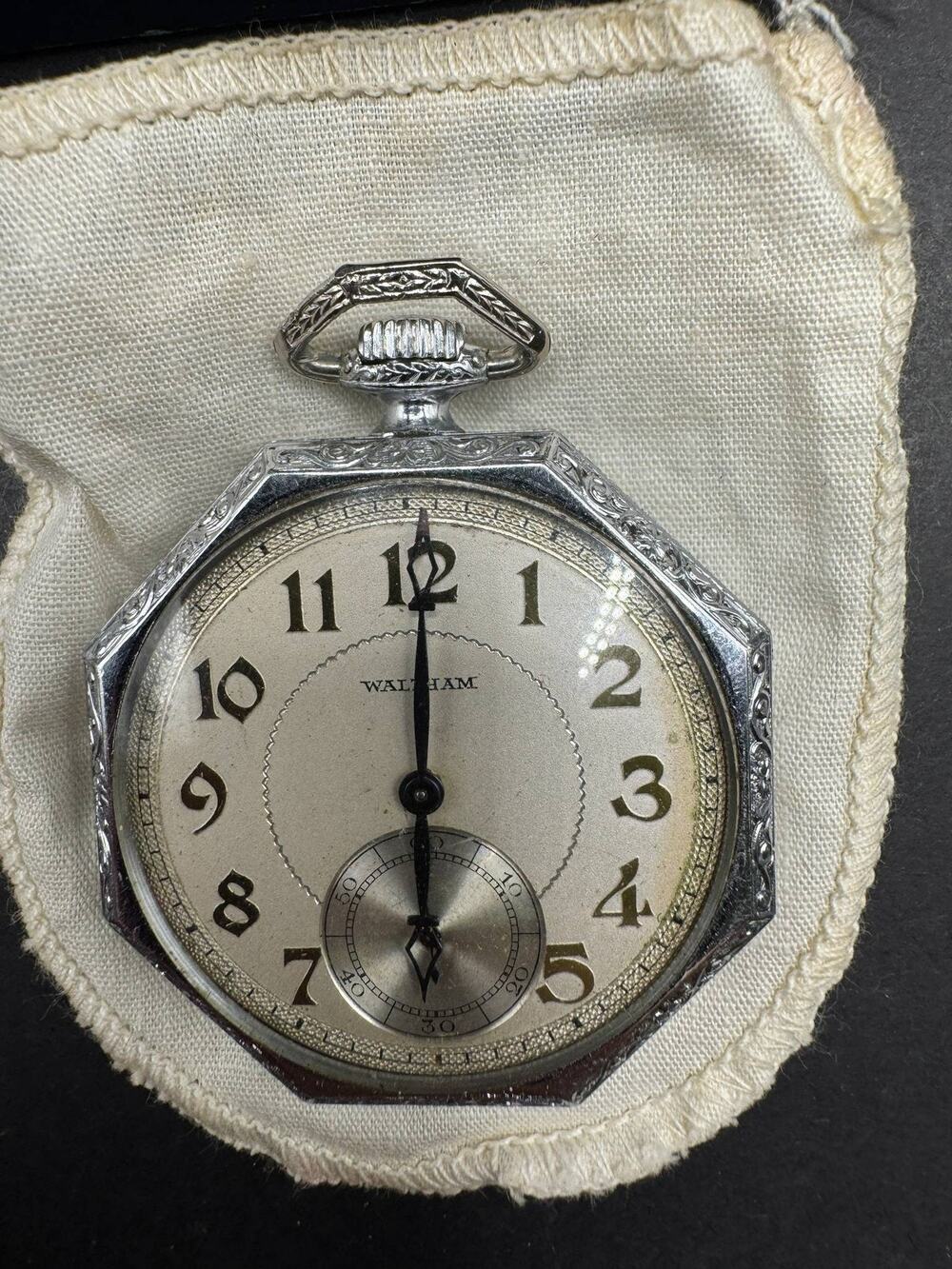 Vintage Waltham Pocket Watch Octagon Case Silver Tone Analog Manual Wind Art